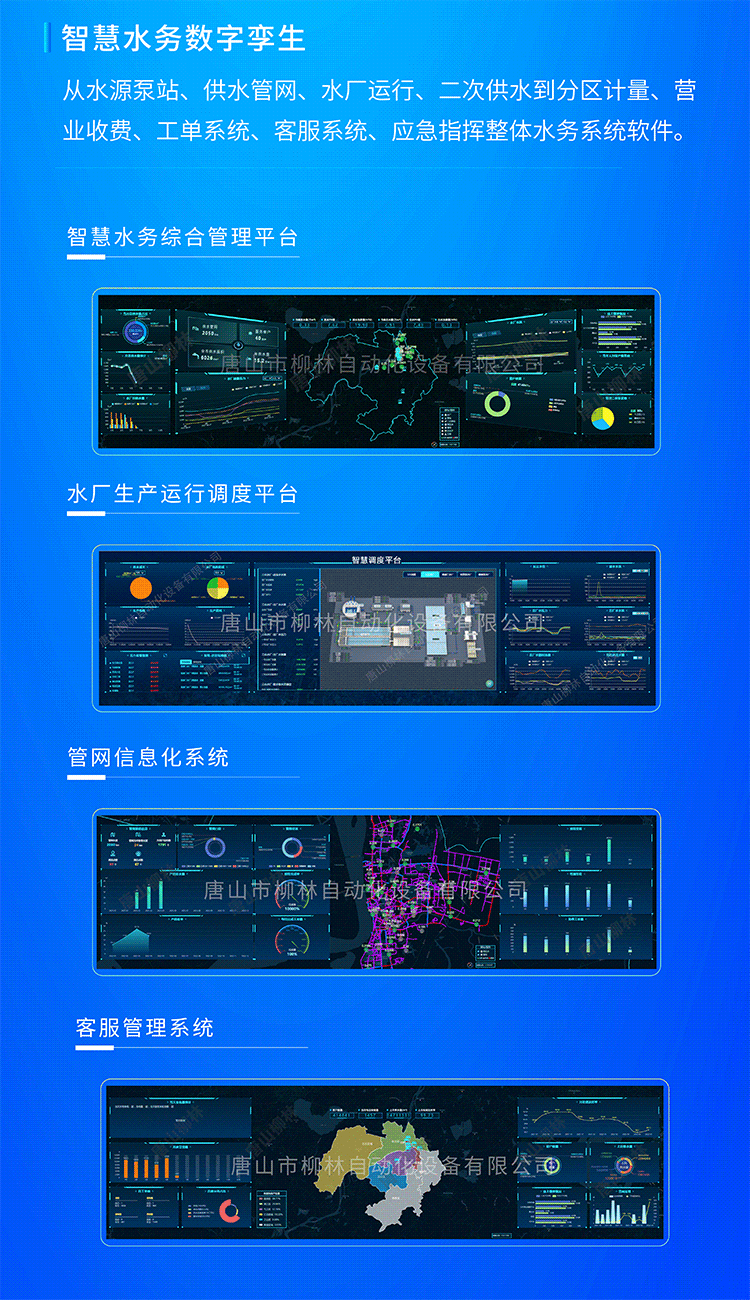 智慧水务数字孪生系统从水源泵站、供水管网、水厂运行、二次供水到分区计量、营业收费、工单系统、客服系统、应急指挥整体水务系统软件。