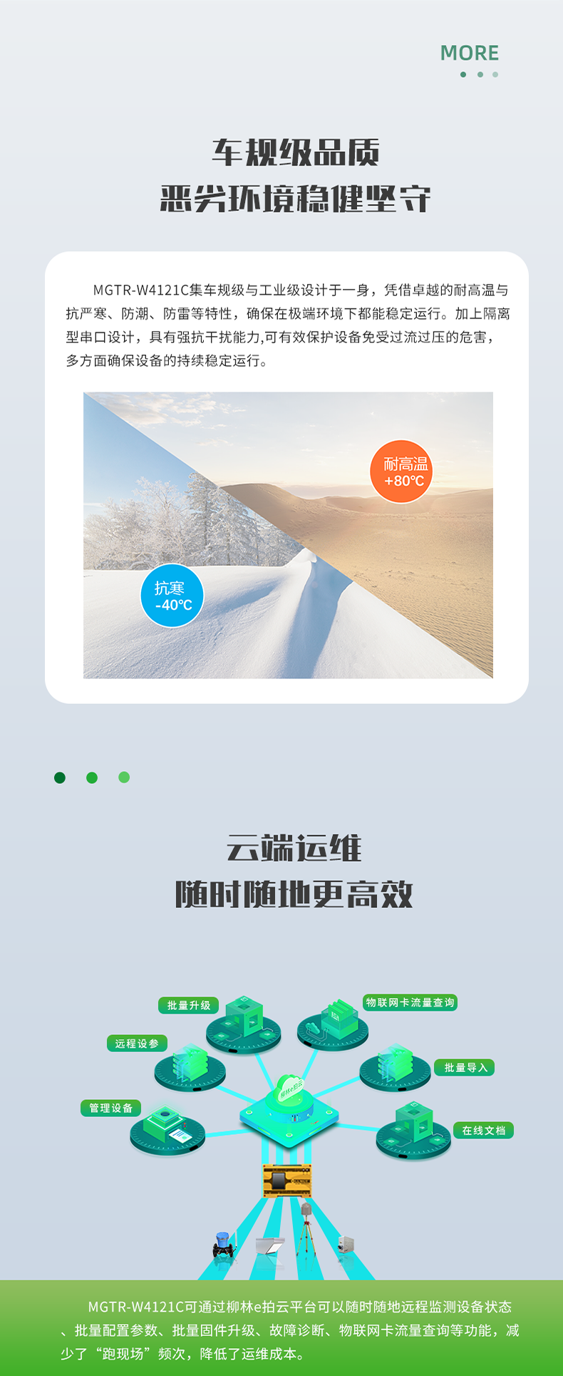 车规级品质 恶兴环境稳健坚守。MGTR-W4121C集车规级与工业级设计于一身，凭借卓越的耐高温与 抗严寒、防潮、防雷等特性，确保在极端环境下都能稳定运行。加上隔离 型串口设计，具有强抗干扰能力,可有效保护设备免受过流过压的危害， 多方面确保设备的持续稳定运行。云端运维 随时随地更高效。MGTR-W4121C可通过柳林e拍云平台可以随时随地远程监测设备状态 批量配置参数、批量固件升级、故障诊断、物联网卡流量查询等功能，减 少了“跑现场”频次，降低了运维成本。