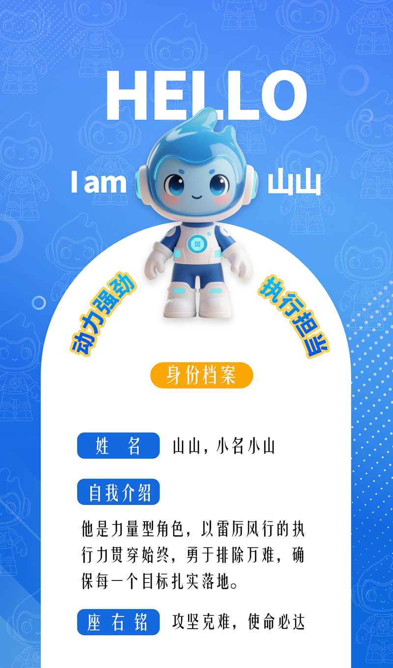 山山——动力强劲 · 执行担当	 他是力量型角色，以雷厉风行的执行力贯穿始终，勇于排除万难，确保每一个目标扎实落地。 座右铭：攻坚克难，使命必达